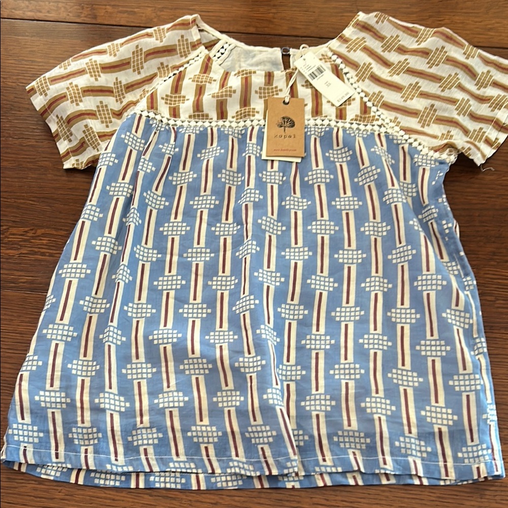 Anthropologie Blue and Brown Geometric Blouse